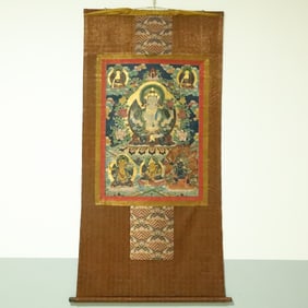 An Exquisite Brocade Painted Color Four-arms Statue of Avalokitesvara Tangka