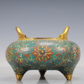 A Exquisite Cloisonne Lotus Pattern Double-Ears and Tripod Censer