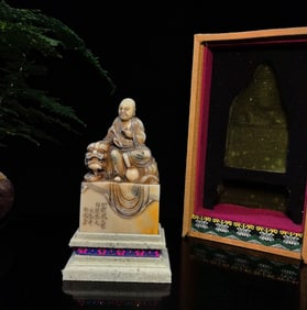 An Exquisite Shoushan Stone Auspicious Beast Statue of Arhat Ornament