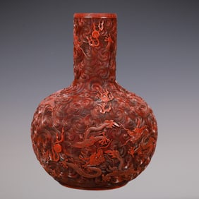 A Exquisite Carved Red Lacquer Seawater Pattern Dragon Pattern with poem Vase