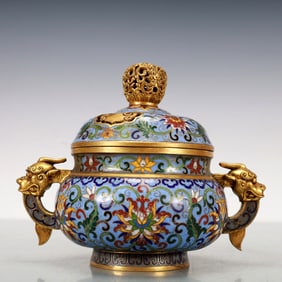 A Exquisite Cloisonne Gilt Bronze Lotus Pattern Double-Ears Censer