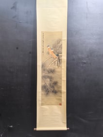 A Chinese Vertical Scroll Ink Painting of Flower and Bird on Silk