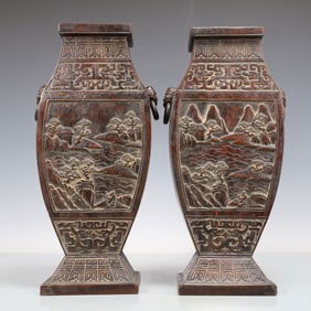 A Exquisite A pair of Eaglewood Landscape and Figure Pattern Double-Ears Vase