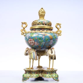 A Exquisite Cloisonne Flower and Bird Pattern Seawater Pattern Double-Ears and Tripod Censer