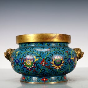 A Exquisite Cloisonne Gilt Bronze Lotus Pattern Double-Ears Censer