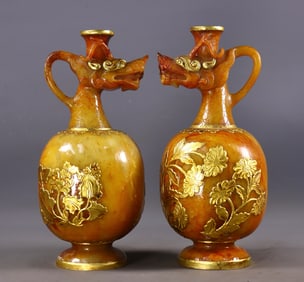 A Pair of Exquisite White Jade Cover with Gold Flower Pattern Ewer