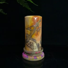 An Exquisite Shoushan Stone Landscape and Figure Pattern with poem Seal Ornament