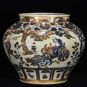 An Exquisite Blue and White Painted Gold Lotus Pattern Character and Story Pattern Jar