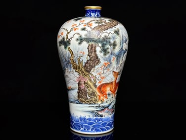 An Exquisite Blue and White Painted Gold Seawater Pattern Sika Deer Pattern Flower and Bird Pattern