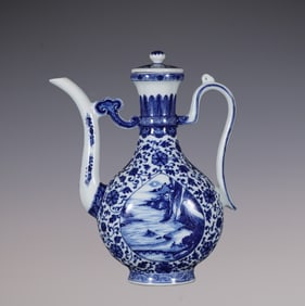 An Exquisite Blue and White Lotus Pattern Landscape and Figure Pattern Ewer