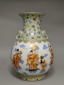 An Exquisite Celadon Glazed Painted Gold Flower Pattern Character and Story Pattern Double-Ears Vase