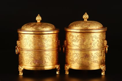 An Exquisite Gilt Bronze Auspicious Beast Pattern Double-Ears and Tripod Censer