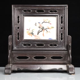 A Exquisite Eaglewood nlaid White Jade Flower and Bird Pattern Screen Ornament