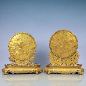 A Exquisite A pair of Gilt Bronze Character and Story Pattern Dragon Pattern Screen