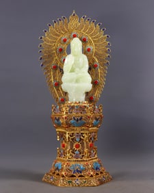 An Exquisite Gilt Bronze Inlaid White Jade Buddha Statue