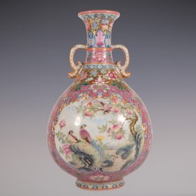 An Exquisite Enamel Ruby Red-Glazed Lotus Pattern Flower and Bird Pattern Double-Ears Vase