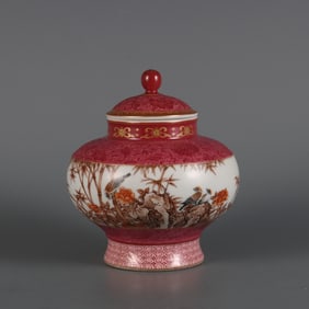 An Exquisite Famille-Rose Ruby Red-Glazed Lotus Pattern Flower and Bird Pattern with poem Tea Caddy