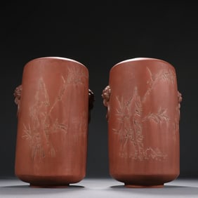 A Pair of Exquisite Purple Sands Bamboo Pattern with poem Jar