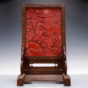 A Exquisite Carved Red Lacquer Landscape and Figure Pattern Screen