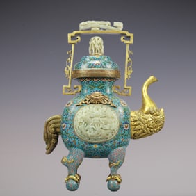 A Exquisite Cloisonne Inlaid White Jade Lotus Pattern Dragon Pattern Ewer