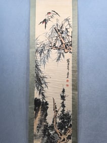 A Chinese Vertical Scroll Ink Painting of Flower and Bird on Silk