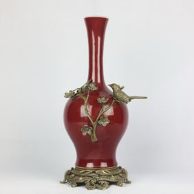 An Exquisite Ji Red Glazed Inlaid Bronze Flower and Bird Pattern Vase