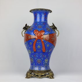 An Exquisite Famille-Rose Inlaid Bronze Lotus Pattern Double-Ears Vase