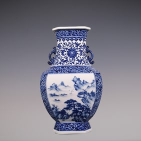 An Exquisite Blue and White Lotus Pattern Landscape Pattern Seawater Pattern Double-Ears Vase