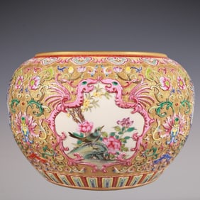 An Exquisite Enamel Lotus Pattern Flower and Bird Pattern Brush Washer