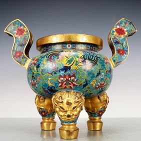 A Exquisite Cloisonne Gilt Bronze Lotus Pattern Phoenix Pattern Double-Ears Tripod Censer