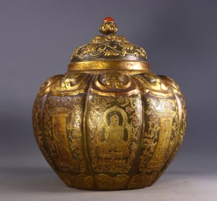 An Exquisite Gilt Bronze Inlaid Gems Lotus Pattern Figure Pattern Jar