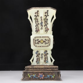 A Fabulous White Jade Gilt-Silver-Mounted Blueing 'Flower' Vase