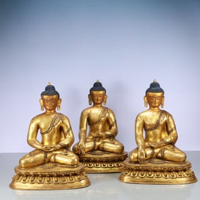 A Exquisite A Set of Gilt Bronze Statue of Sakyamuni