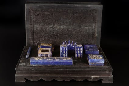 A Set of Fine Lapis Lazuli Bats and Peach Pattern Character and Story Pattern with poem Ornament