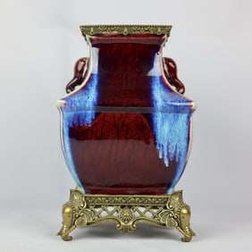 An Exquisite Flambe Glazed Inlaid Bronze Double-Ears Vase