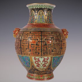 An Exquisite Antique bronze Glaze Painted Gold Dragon Pattern Double-Ears Vase