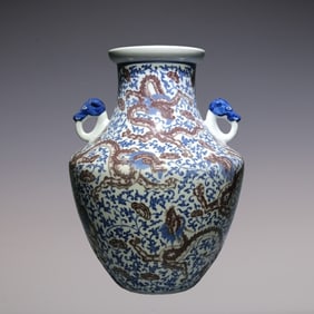 An Exquisite Blue and White Underglaze-Red Lotus Pattern Dragon Pattern Double-Ears Vase