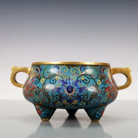 A Exquisite Cloisonne Gilt Bronze Lotus Pattern Double-Ears Tripod Censer