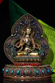 An Exquisite Silver Inlaid Gems Statue of Vajrasattva