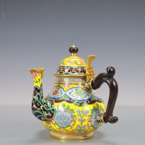 A Exquisite Coppery Enamel Inlaid Zitanwood Flower Pattern Teapot