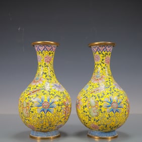 A Exquisite A pair of Coppery Enamel Lotus Pattern Eight Treasures Pattern Vase