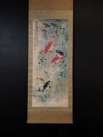 A Chinese Vertical Scroll Ink Painting of Fish on Paper