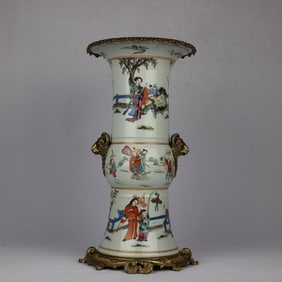 An Exquisite Famille-Rose Inlaid Bronze Character and Story Pattern Double-Ears Vase