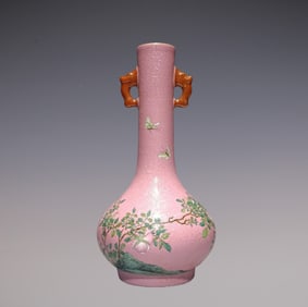 An Exquisite Famille-Rose Flower and Butterfly Pattern Double-Ears Vase