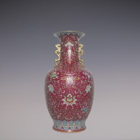 An Exquisite Famille-Rose Ruby Red-Glazed Lotus Pattern Double-Ears Vase