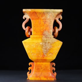 An Exquisite White Jade Beast-Face Pattern Double-Ears Vase