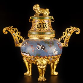 An Exquisite Cloisonne Pine and Crane Pattern Lotus Pattern Double-Ears and Tripod Censer