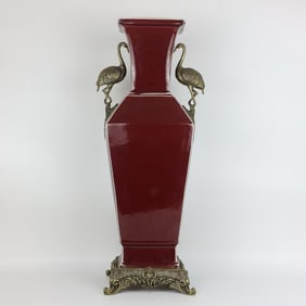 An Exquisite Ji Red Glazed Inlaid Bronze Double-Ears Vase