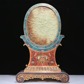 An Exquisite Imperial Cloisonne White Jade-Inlaid 'Dragon& Auspicious Cloud' Table Screen With