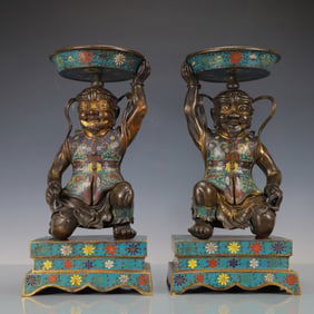 A Exquisite A pair of Cloisonne Lotus Pattern Figures Candlestick